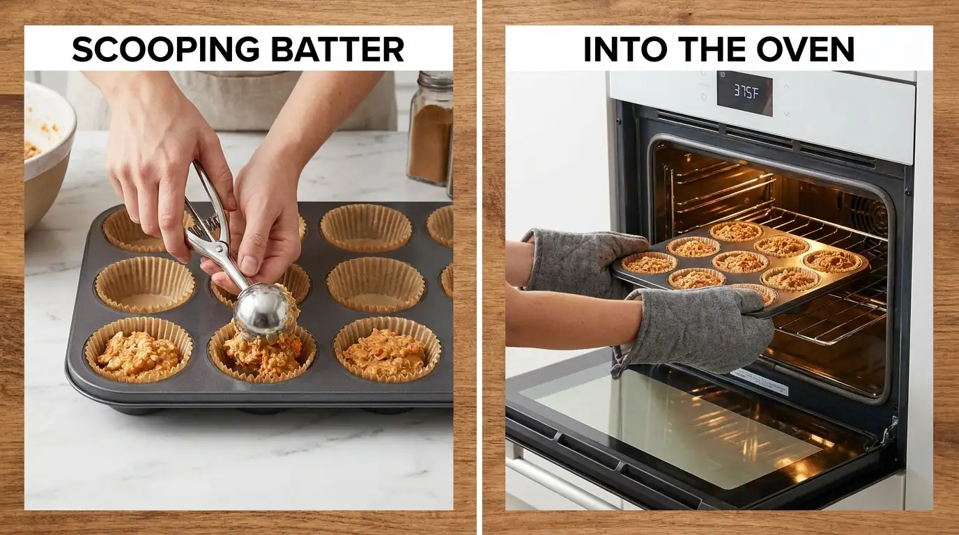 Making a One-Bowl Carrot Oatmeal Muffins Recipe: portioning batter into liners and placing the tin in the oven.