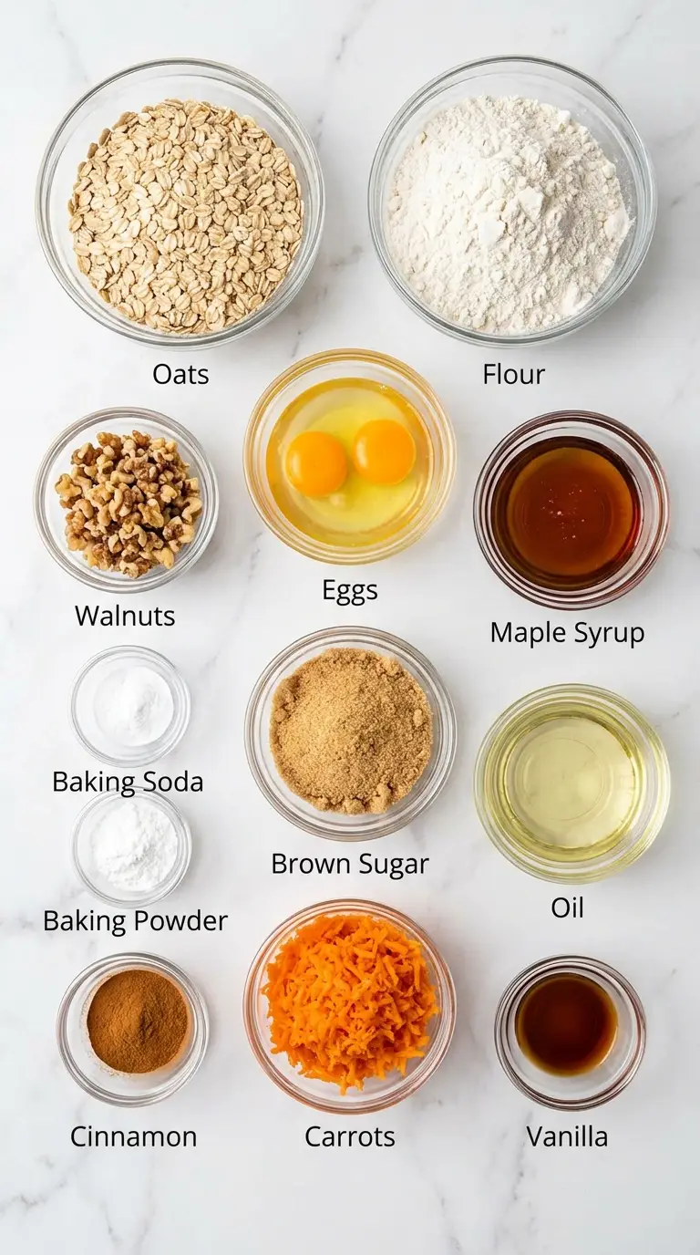 Ingredients for a One-Bowl Carrot Oatmeal Muffins Recipe arranged in glass bowls on a white marble counter.