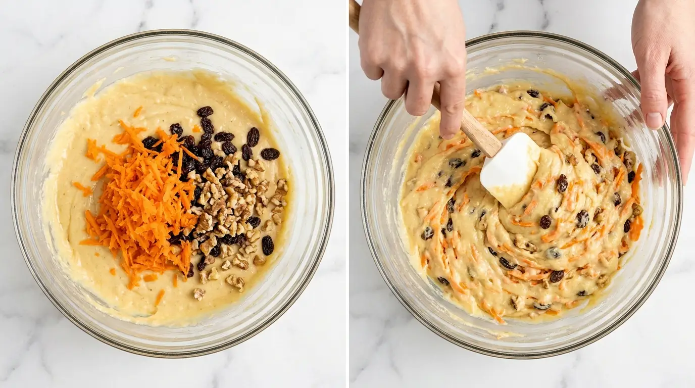 Folding fresh carrots and walnuts into batter for this One-Bowl Carrot Oatmeal Muffins Recipe.