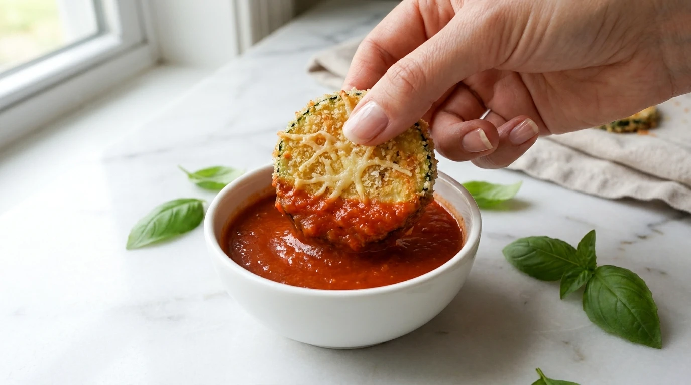 A crispy slice from a Parmesan Zucchini Rounds Recipe dipped in a bowl of rich red marinara sauce.