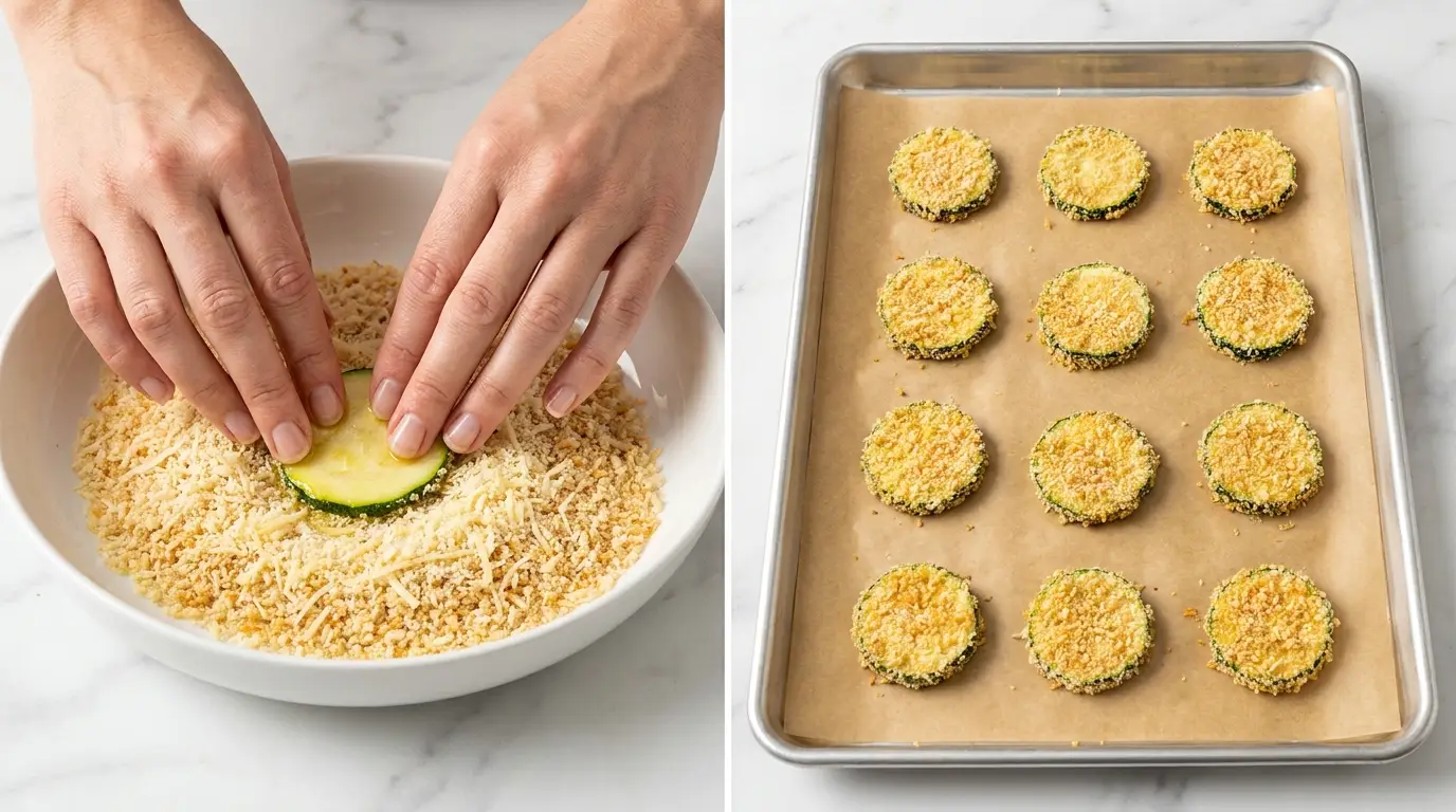 Steps for a Parmesan zucchini rounds recipe: coating slices in panko and arranging them on a baking sheet.