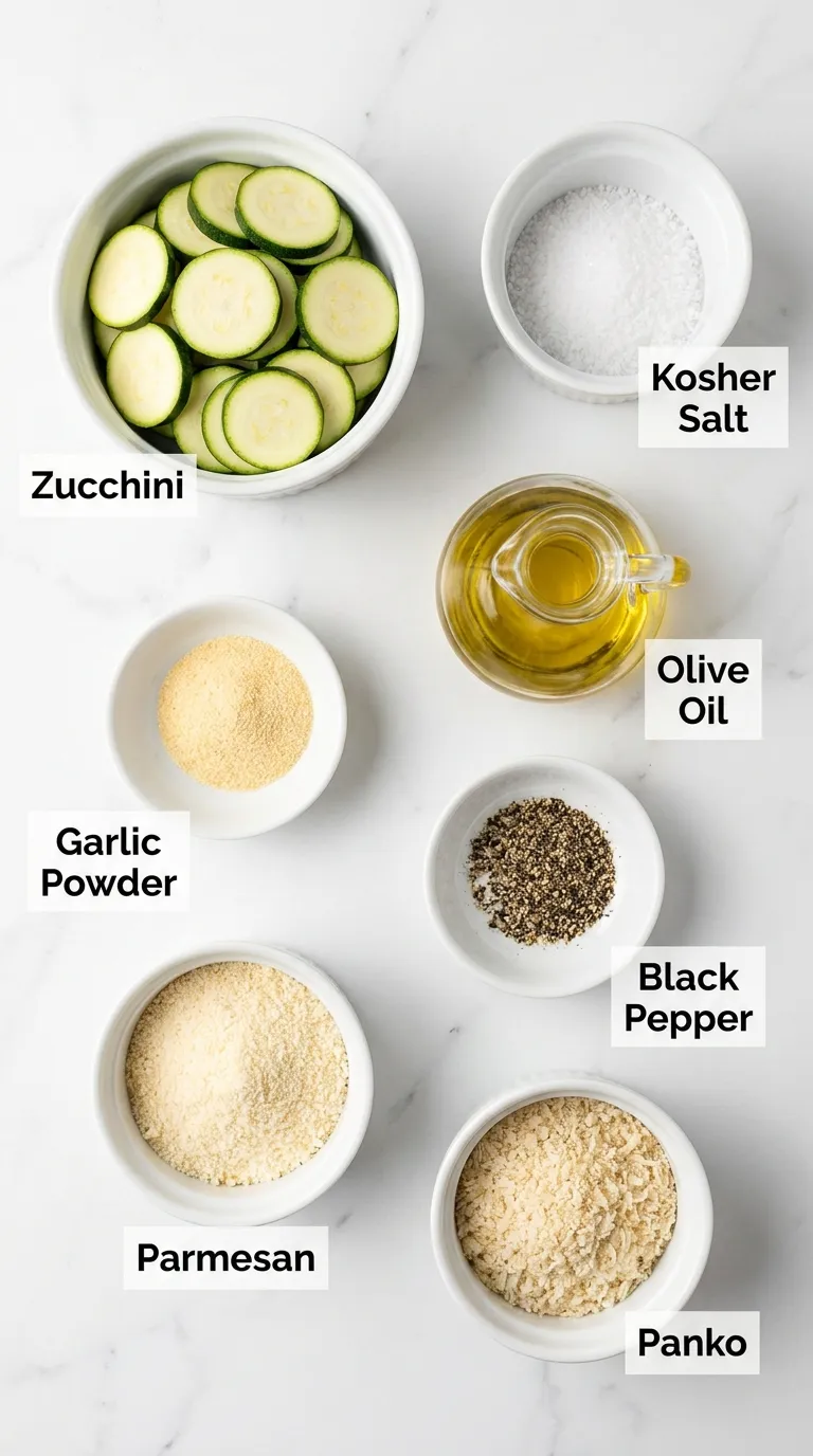 Ingredients for Parmesan Zucchini Rounds Recipe in labeled white ramekins on a bright marble countertop.