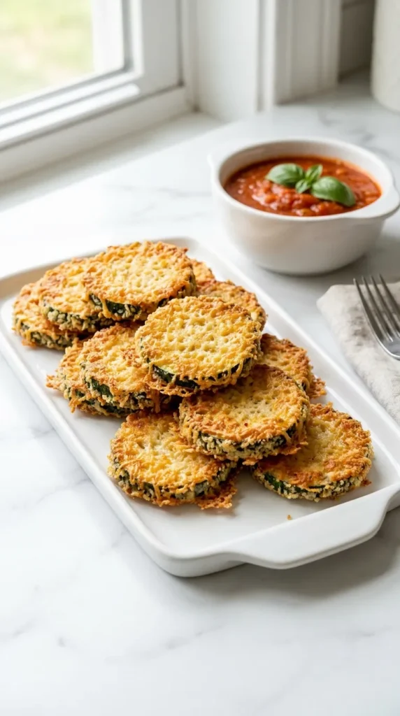 Crispy Parmesan Zucchini Rounds stacked on a white platter, showcasing a delicious Parmesan Zucchini Rounds Recipe.