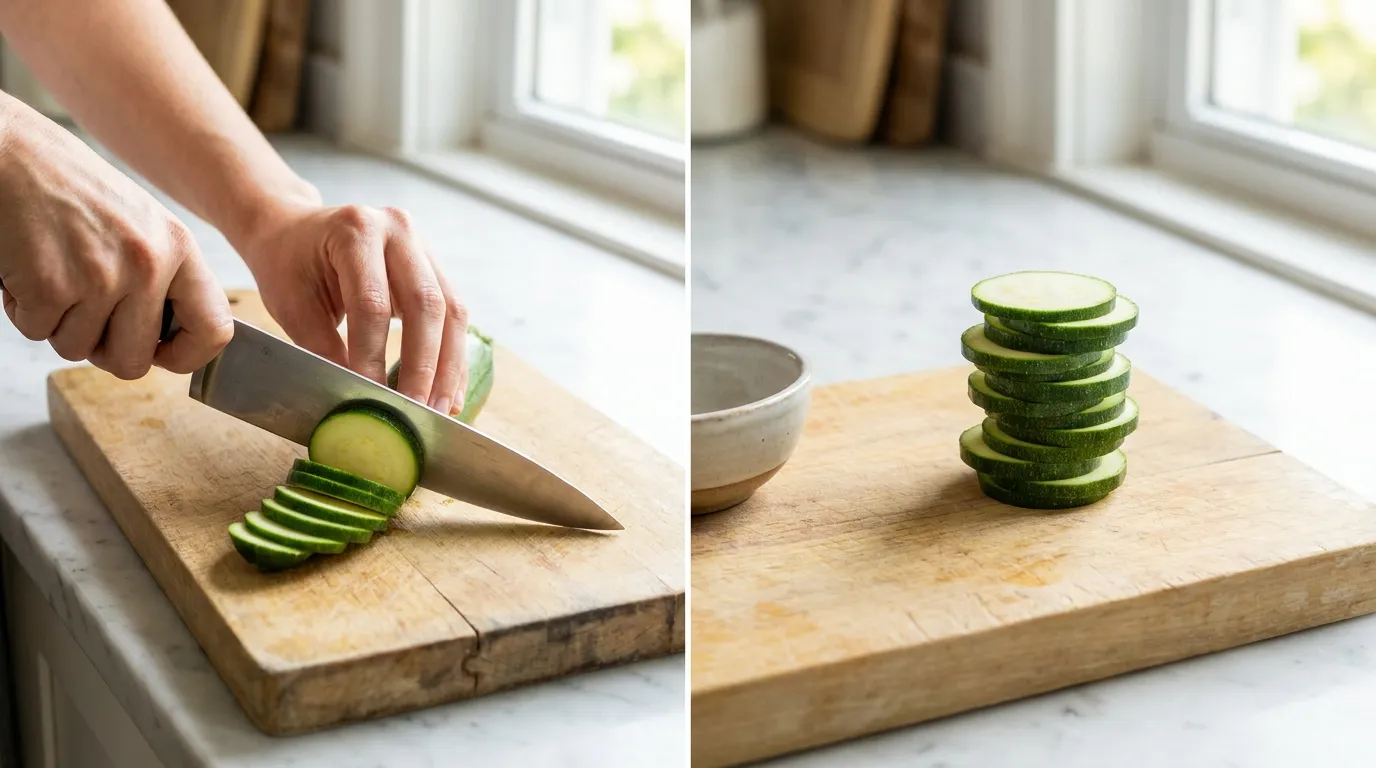 Slicing fresh zucchini rounds on a cutting board for a Parmesan Zucchini Rounds Recipe.